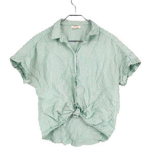 H&M Women’s Green Striped Shirt Sleeved Button Up Cropped Tied Top Size 4